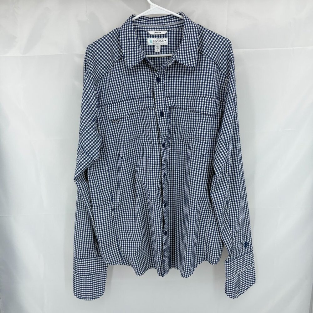 Coolibar Men L Sun Protection Shirt Long Sleeve Navy Blue Check Plaid UPF 50